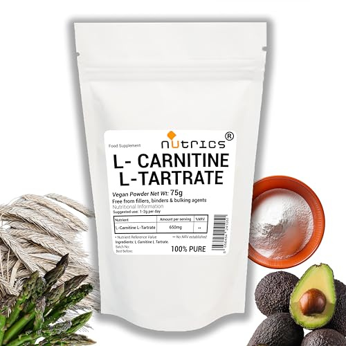 Nutrics® L Carnitine L Tartrate Powder 75g - Highly Bioavailable 100% Pure No Fillers, Binders or Bulking Agents - Vegan Vegetarian