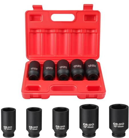 Faankiton 5PCS 1/2 Drive Deep Impact Socket Set, CR-MO Large Socket Set | 30/32/34/35/36mm Metric Impact Socket Tool Kit, 1/2 Spindle Axle Hub Nut Socket Set, Heavy Duty 6 Point Nut Hub Drive Socket