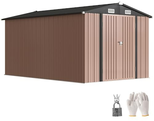 Outsunny Casetta da Giardino 8.1m² in Acciaio Zincato con Prese d'Aria, Capanno da Giardino Porta Attrezzi con Doppia Porta Bloccabile con Chiavi, Tetto Inclinato, Guanti, 238x364x194 cm, Marrone