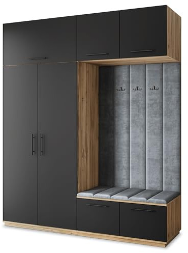 Masseno Flugarderoben Set Rema, Kleiderschrank-Set mit Sitzbank, Garderobenschrank Flur mit 5 Regalböden, Eiche Wotan/Schwarz