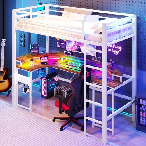 Mrwoo Hochbett 90x200 cm mit LED-Lichtleiste und USB- und Typ-C-Anschlüsse, Kinderbett mit Schreibtisch und Lochwand, Eisenbett mit Offene Regale, Einzelbett, Weiß(Ohne Matratze)