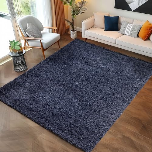 Carpettex Hochflor Teppich Läufer 80x150 cm Marineblau - Flauschiger Teppich Extra Weich und Pflegeleicht - Shaggy Teppich Modern Einfarbig Design - Teppich für Schlafzimmer, Esszimmer und Wohnzimmer