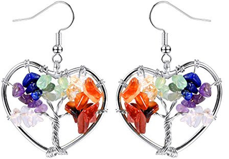 FOCALOOK Damen Edelstahl Herz Ohrhänger Lebensbaum mit 7 Stein Chakra Reiki-Energietherapie Mädchen Fashion Ohrringe Heilung Schmuck für Frauen
