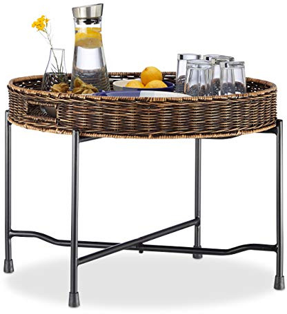 Relaxdays Serviertisch Rattan, rundes Tablett, geflochten, klappbarer Ständer aus Metall, HxD: 47x66cm, natur/schwarz