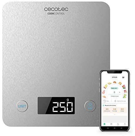 Cecotec Báscula de Cocina Cook Control 10000 Connected con App, Acabado en Acero INOX, precisión de 1 gr, Capacidad de 5 kg, Pantalla LCD, diseño extraplano, Recubrimiento antihuellas