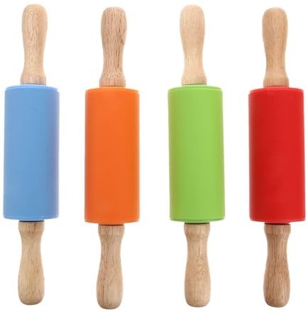 STOBOK Mini Nudelholz Kinder Holzgriff Nudelholz Silikon Teigroller für die Wohnküche,4er Pack (rot grün orange blau)