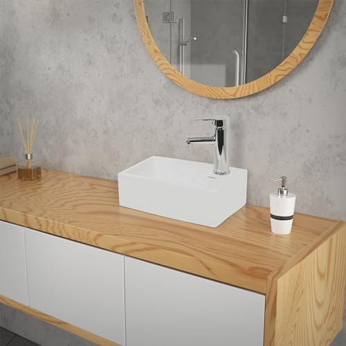 ECD Germany Waschbecken Waschtisch aus Keramik in Weiß 350x205x125 mm Eckig, Hahnloch rechts, Aufsatzbecken Aufsatzwaschbecken Handwaschbecken Aufsatzwaschtisch Waschschale Waschplatz Handwaschbecken