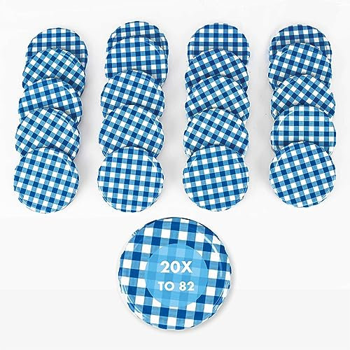 Lot de 20 couvercles Twist-Off 70 mm TO82 vichy bleu/blanc – Pour bocaux, bouteilles, confitures, miel, épices – Avec notice, métal