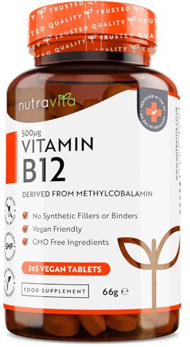 Vitamin B12 500µg - 365 Tabletten (1 Jahr) - Gegen Müdigkeit und Erschöpfung, für Nervenfunktion, Energiestoffwechsel, Immunsystem - Methylcobalamin - Hochdosiert Vegan B12 500mcg - Nutravita