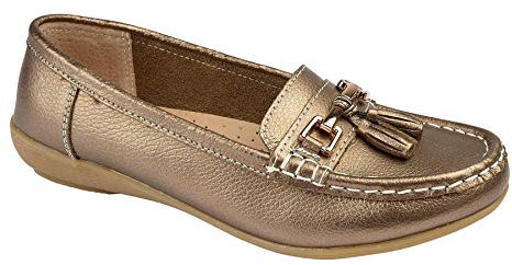 Jo & Joe Ladies Leather Loafer Shoes Plimsole Pumps Womens Flat Shoes Bronze Size UK 8 EU 55
