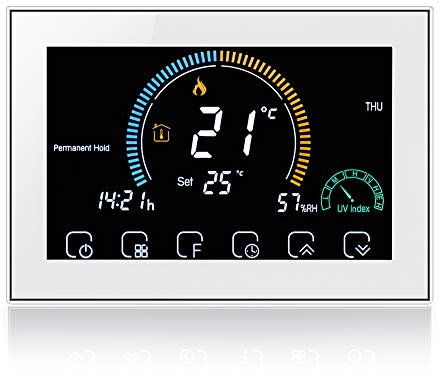 Thermostat Intelligent WiFi Alexa-Digital d Ambiance contrôleur de Thermostat de Chauffage de chaudière sans Fil, contrôleur de température programmable Mural, météo, Indice UV, humidité Hisplay, 5A