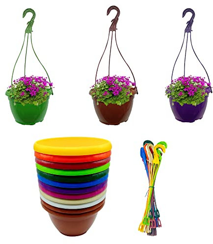 Murgiplast Macetas Colgantes de Plástico para Plantas y Flores, Tarrinas y Ganchos de jardín para Interior y Exterior, Maceteros y Colgantes de Colores Grandes, 12 Unidades (Mediano)