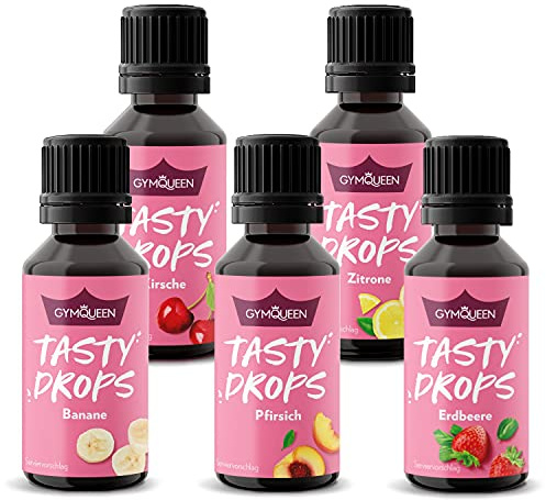 GymQueen Tasty Drops 5x30ml, Kalorienfreie, Zuckerfreie und Fettfreie Flavour Drops, Aroma Tropfen zum Süßen von Lebensmitteln, Geschmackstropfen ohne Künstliche Farbstoffe, Frucht Mix