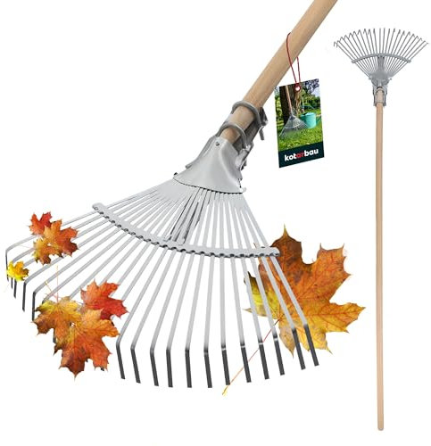 KOTARBAU® Rastrello per foglie con manico in legno zincato, larghezza regolabile, rastrello da giardino con manico, scopa a ventaglio, rastrello da giardino, in metallo, 30 – 45 cm