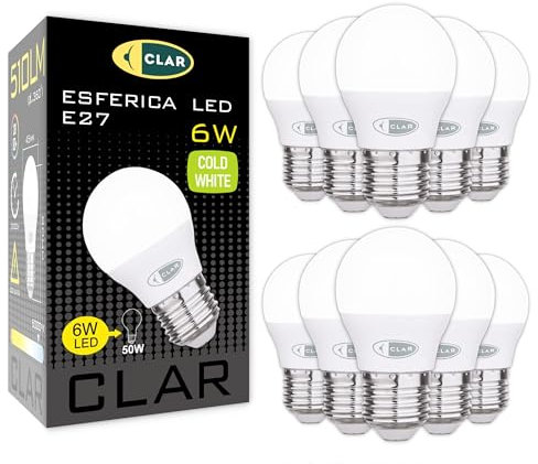 CLAR - Bombillas LED E27 Luz Fria, Bombilla LED E27 Blanco Frio, Bombillas Bajo consumo, Bombilla LED E27 Pequeña, Bombilla led E27 40W, Bombilla E27, E27 LED, Bombilla LED E27 G45, 6W (Pack 10)