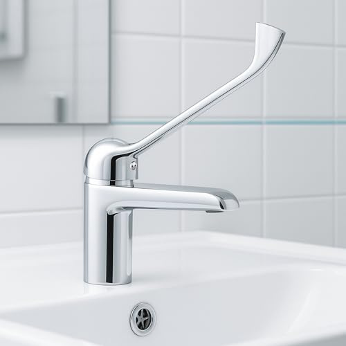 Klinik Armatur - Badarmatur Waschbecken Wasserhahn mit langem Hebel - Hygienische Waschtischarmatur für Arztpraxen, Kliniken und weitere empfindliche Bereiche
