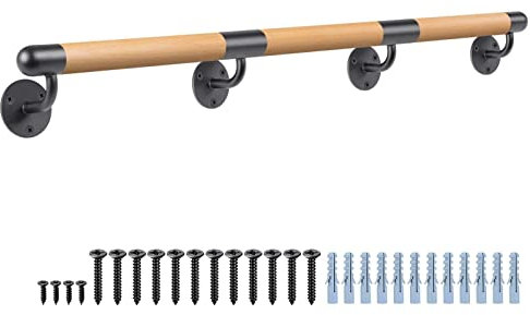 Dolibest Pasamanos de Madera de 300cm, Barandilla de Escalera Redonda Antideslizante de 3.8cm con Asidero de Seguridad Montado En La Pared, Barandilla dDe Escalera Sin Barreras Para JóVenes y Mayores