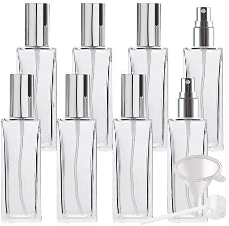 BasicPacking 8 Pieza 30ml Botella de Cristal Transparente con Pulverizador, Perfume Bote de Spray Viaje con Tapas de Plata, Vidrio Cuadrado Atomizador de Perfume Recargable Para hombre y mujer