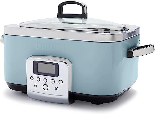 GreenPan Elite 8-in-1 Mijoteuse Programmable 6L, Couvercle et Plateau Amovible Lavable au Lave-Vaisselle, Céramique Non-Adhérente Saine Sans PFAS, Cuisson, Sauté, Panier Vapeur, Rôtissage, Bleu Brume