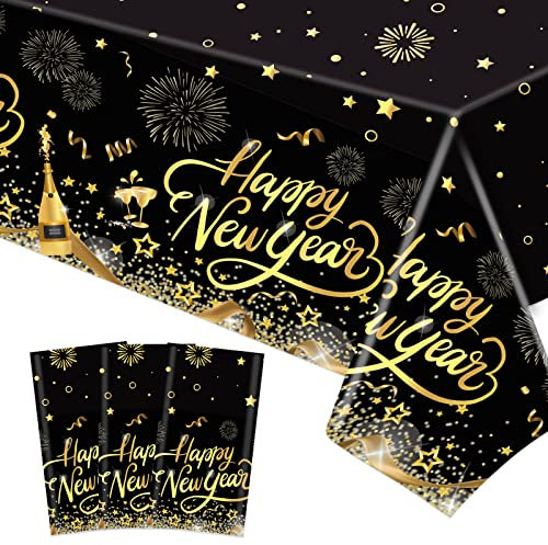 DPKOW 3 Stück Silvester Tischdecke Schwarz Gold Einweg Tischdecke Silvester Deko Happy New Year Rechteckig Plastik Tischdecke für Silvester Deko 2025 Tisch Silvester Tischdeko, 274 x 130 cm