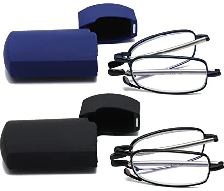 Hubeye 2 Paar Faltbare Lesebrille Mini Tragbare Lesehilfe aus Edelstahl mit Hartschalen-Etui Anti-Blau Sehhilfe für Herren und Damen 2.50
