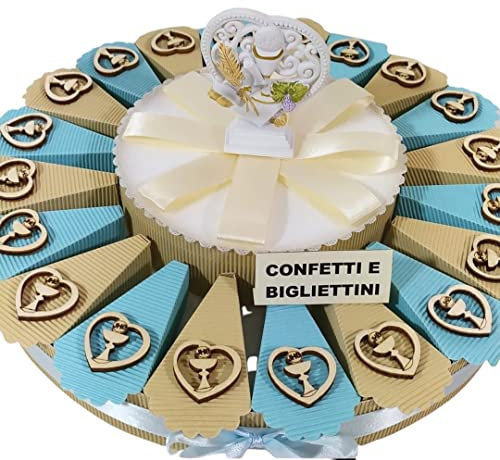 Torta bomboniere comunione maschio cuori calice in legno + centrale cuore simboli prima comunione confetti e biglietti inclusi (20 fette)