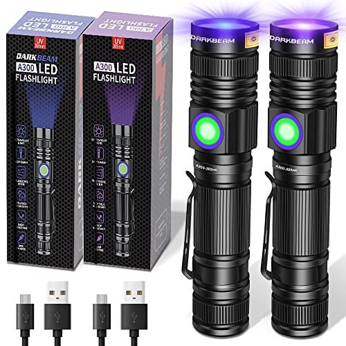 DARKBEAM Lampe Torche UV Lamp Lumière Noire 365nm et 395nm rechargeable Lampe de Wood Ultraviolette, Portable Mini LED avec clip, Détecteur d'urine de chat, ambré, verre d'uranium, résine, Lot de 2