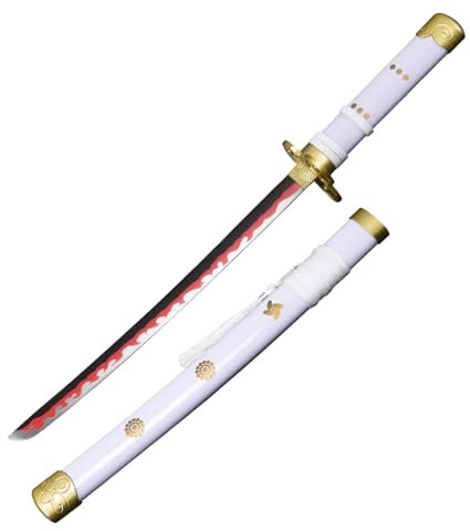 Katana S5057 Enma von Zoro aus One Piece - inoffizielle 103,5 cm Lange Replica mit schwarzer Stahlklinge, roten Akzenten und satinierter Schneide, weißem Griff mit goldenen Details