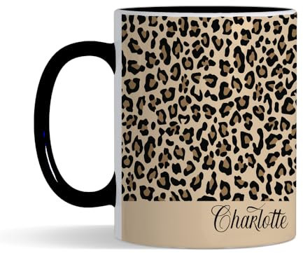 Personalised Cheetah Print Mug Custom Name, Leopard Print, Animal Print, Inside Coloured Coffee, Tea Mug. (Black)