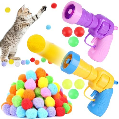 Hengrongshen Cat Toy, 100 Haarballen, 6 Tischtennisinteraktives Spielzeug für Katzen 2 Spielzeugpistolen, Stummschaltung für den Innenbereich Spielzeug Katze