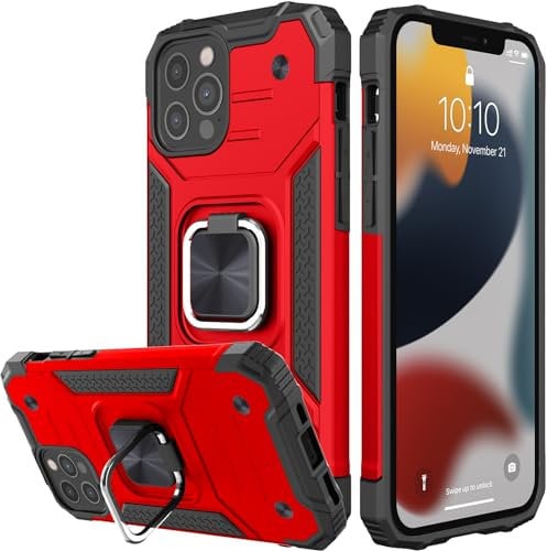 Honeyview ShockProof Case for iPhone 12 Pro Max with Ring Kickstand, Bumper Armour Phone Cover for Apple iPhone 12 Pro Max - Red