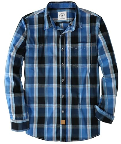 Dubinik® Chemise Homme Casual Poche Leger Doux Regular Bouton Classiques Carreaux Manches Longues Bleu Noir 052 2XL