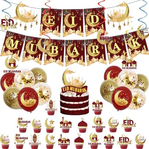 44pcs Eid Mubarak Decorations Set for Home,Red Gold Eid Mubarak Banner Bunting Party Latex Balloon Cake Toppers Hanging Spiral for Ramadan Mubarak Decorations,Ramadan Kareem Party Decoration Supplies