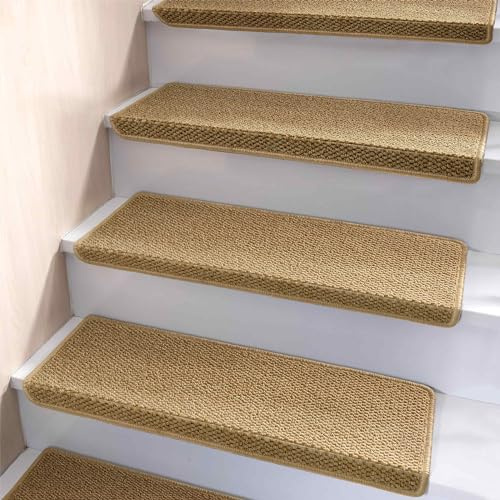 Brakki Bullnose Indoor Carpet Stair Treads, Non-Slip Soft Stair Rugs with Edging, Washable Beige, 29.5x9.5x1.5, 14pcs