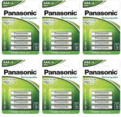 PANASONIC Confezione da 6 blister da 4 batterie ricaricabili NiMH Micro AAA da 750 mAh pronte all'uso
