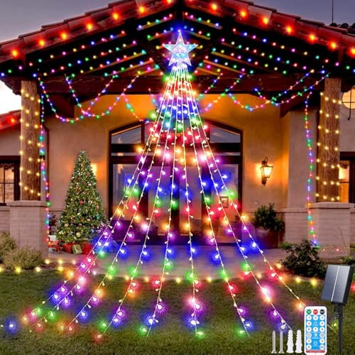 Aofonchy Luci Albero di Natale Solare con Stella, 2M*9 Stringhe 198LED Luci di Natale con 8 Modalita, Telecomando, Impermeabile Catene Luminose, Luci Decorazione Natale per Albero Giardino