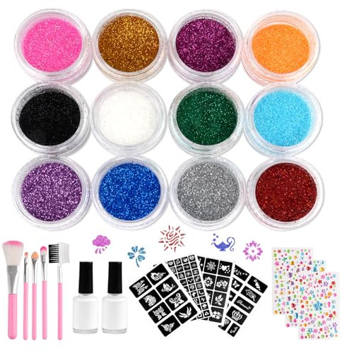 Glitzer Tattoo Set Kinder, Temporäres Glitzertattoos Kinder Set, 12 Farben Glitter Tattoo, 4 Blatt Schablonen, 5 Pinsel, 3 Blatt Strasssteine, 2 Kleber für Mädchen Jungs Geburtstag Party