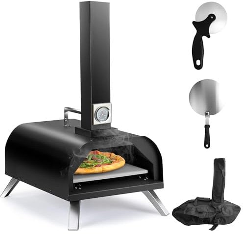 Karinear Horno pizza, Horno de exterior y portátil, Horno multicombustible para Pizzas, Carne, Pescado y más, Con Termómetro, Bolsa de Transporte y Piedra Pizza de 12 inch
