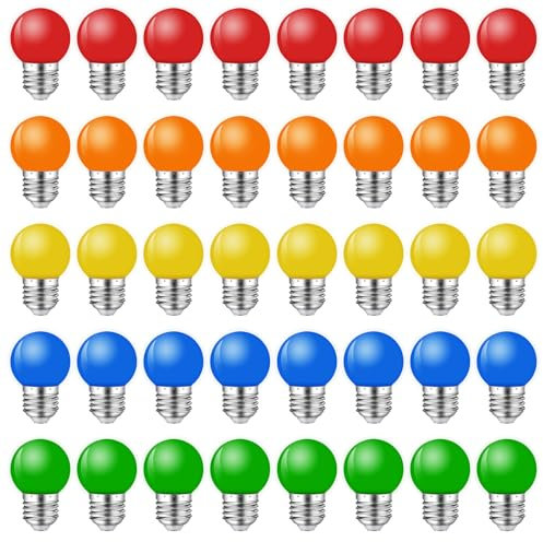 MZYOYO 40er Pack Bunte Glühbirnen E27 Außen,Farbige LED Glühbirne E27,1W G45 E27 LED Bunt für Lichterkette Party Weihnachten Deko,Rot Grün Blau Orange Gelb,Kunststoff
