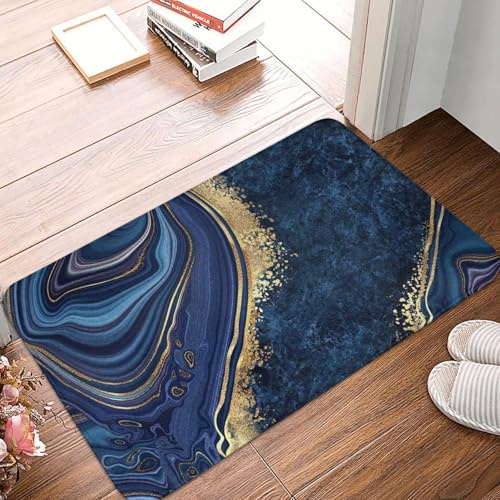 Navy Blue and Gold Marble Bathroom Rugs Bath Mat Floor Non-Slip Floor Carpet Absorbent Door Mat Home Decor for Kitchen Bedroom Indoor Outdoor 20x31.5in