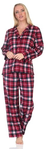 Normann Damen Fleece Schlafanzug lang in edler Karo-Optik zum durchknöpfen