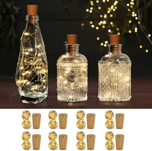 LETOUR Flaschenlichterkette Korken,8 Stück Korken Lichterkette 3M/30LEDs Warm weiß Lichterkette Flaschen Flaschenkorken Flasche für Hochzeitsdeko Weihnachten Deko