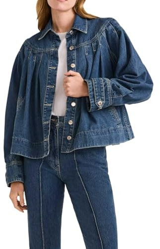 EZAPINE Womens Cropped Denim Jacket Long Sleeve Collared Button Down Pleated Jean Jckets with Pockets, Blue, X-Large