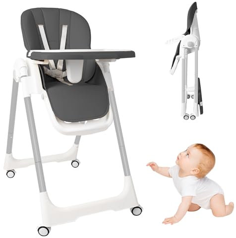UISEBRT Kinderhochstuhl Klappbar, Höhenverstellbarer Baby Essstuhl mit Liegefunktion, Verstellbarem Doppeltablett und 5-Punkt-Gurt, Tragbarer Hochstuhl für Zuhause und Unterwegs, Grau