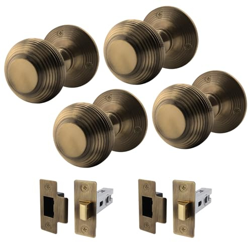 EAI Beehive Door Knob Set Antique Brass | 2 Pairs of Reeded Mortice Knobs (55mm) & Latch (76mm) for Internal Doors
