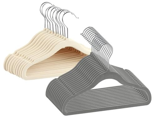 Truevaste Kinderkleiderbügel Samt 20 Stück - Baby Kleiderbügel Samt Anti-Rutsch - Kinder-Kleiderbügel mit 360° Drehbarer Haken, 5mm dünn, Platzsparend (10 Beige + 10 Grau, 30x21 cm)