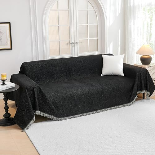 MYSKY HOME Chenille Sofa überzug, Sofabezug 3/4 Sitzer Schwarz 230x380cm | Sofaüberwurf xxl Waschbar Vielseitige Sofaschoner, Couchbezug Kratzschutz Couchdecken Zum Schutz, Sofaüberwurf für Wohnzimmer