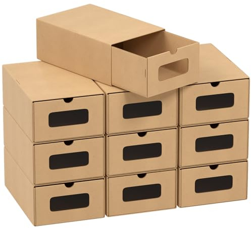 Peviasot 35×23×13 cm - 30x Schuhaufbewahrung Reinbraun mit Sichtfenster – Faltbare Schuhbox aus Kraftpapier, Stapelbar, Schuhkarton Schublade Aufbewahrungsbox Pappe für bis Größe 45