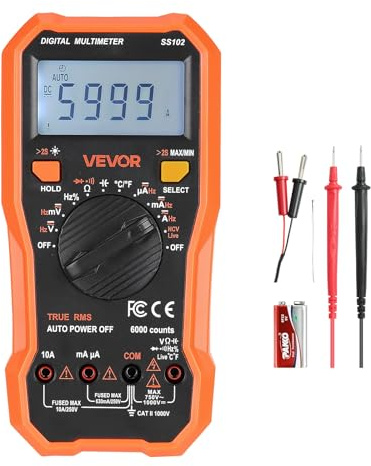 VEVOR Multimetro Digitale, Voltmetro DC/AC TRMS da 6000 Conteggi, Multimetro NCV Professionale per Corrente, Tensione, Resistenza, Capacità, Duty-Cycle, Temperatura, Diodi, Continuità