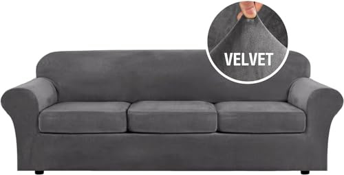 Stilvolle, rutschfeste Samt-Sofabezüge für 3-Sitzer, waschbar, Haustier-Couchbezüge mit großem Sitzkissen (grau), perfekt als Heimdekoration und Schutz